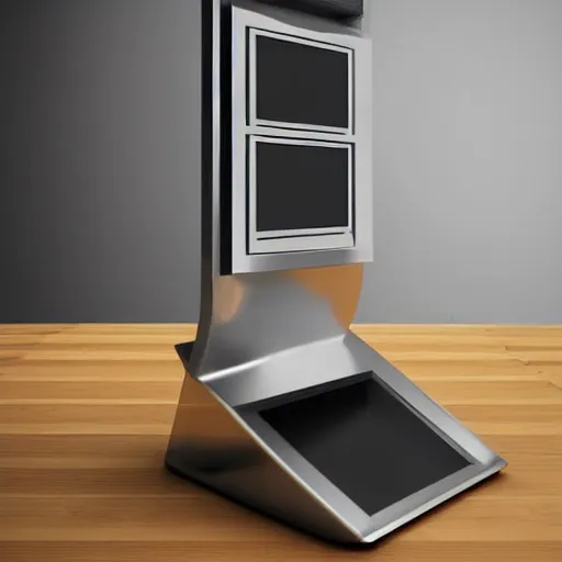 Image similar to an old, filthy, broken, 1960s-era, retro device, made of brushed steel, for displaying recipes, digital pong screen, set on a kitchen counter, dramatic constrasting light, redshift render, but as high contrast photography, featured on behance, golden ratio, f32, well composed, cohesive, from the show X-Files