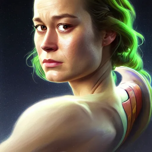 Image similar to portrait painting of brie larson with green skin and pointy ears wearing sci - fi clothes, ultra realistic, concept art, intricate details, eerie, highly detailed, photorealistic, octane render, 8 k, unreal engine. art by artgerm and greg rutkowski and charlie bowater and magali villeneuve and alphonse mucha