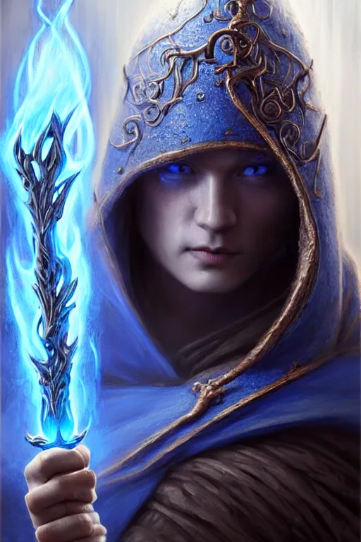 Image similar to Front portrait of a hooded mage hold a blue fire and detailed staff, full body, fine art, awesome fantasy book cover on Pinterest, award winning, dark fantasy landscape, fantasy magic, intricate, elegant, sharp focus, cinematic lighting, highly detailed, digital painting, concept art, art by WLOP and Artgerm and Greg Rutkowski, masterpiece, trending on artstation, 8K