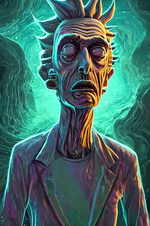 Image similar to rick and morty fused with a lovecraft space zombie, photo, portrait, 3d, high details, intricate details, by vincent di fate, artgerm julie bell beeple, 90s, Smooth gradients, octane render, 8k, volumetric lightning, High contrast, duo tone, depth of field, very coherent symmetrical artwork