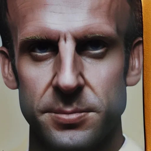 Prompt: close up portrait Emmanuel Macron after boxing, brew punch knock blood, photography polaroid photorealism, grainy image