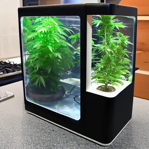 Image similar to cute cannabis home growing cube fully automated, beautifully designed kitchen appliance, modern apartment interior