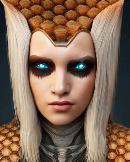 Image similar to headshot portrait of nightmare queen inspired by honeycomb beehives, detailed, textured, realistic, unreal engine, cgsociety, cinematic lighting, concept art