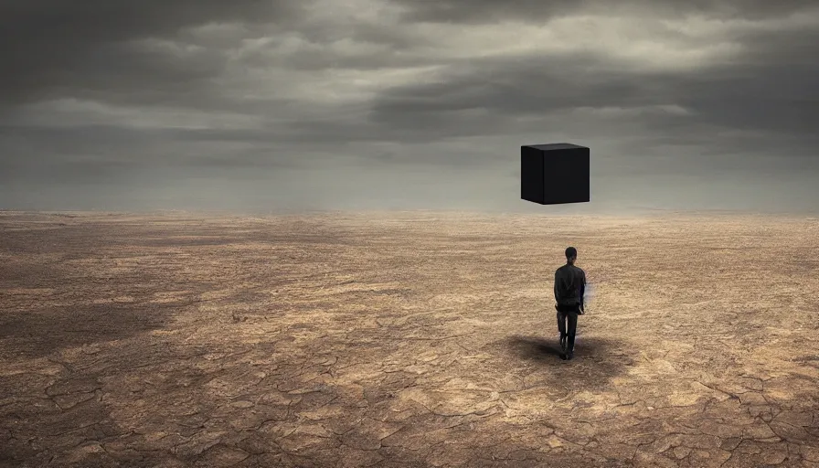 Image similar to a vast wasteland, 1 levitating black cube made of obsidian, cinematic lighting, behance hd, trending on artstation, national geographic photography, digital painting, matte painting