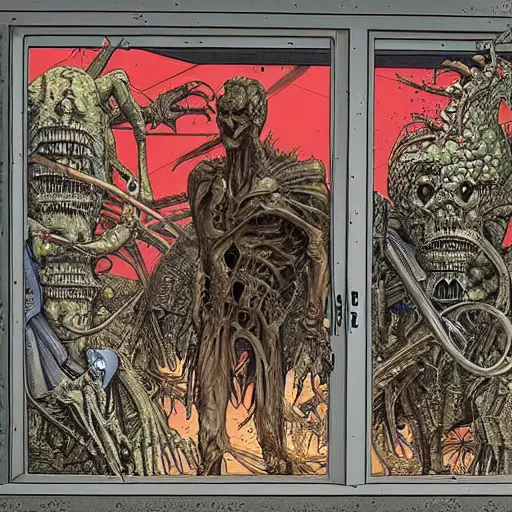 Prompt: a door opening an impossible nightmare beyond comprehension, very very detailed painting by geof darrow and greg rutowski and hr giger