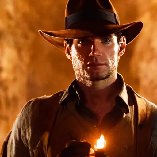 Prompt: still of Henry Cavill as Indiana Jones with a torch in a secret antic room, centred, full body, focused, cinematic light, by Steven Spielberg, eighties movie, 4K, detailed