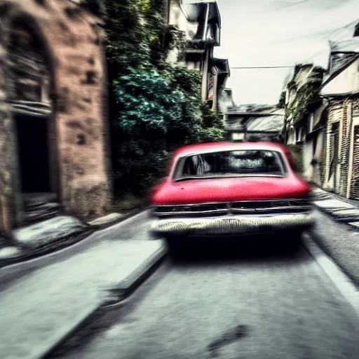 Image similar to an ugly old car driving in a narrow road, award winning photo, 4 k, polarizing filter, photolab