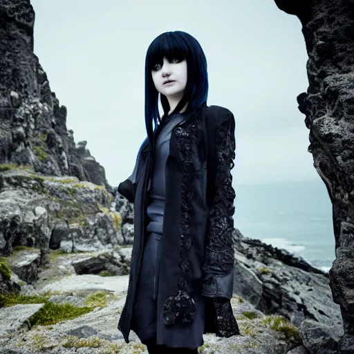 Prompt: 1 7 - year - old anime goth girl, black hair, long bob cut, long bangs, gothic coat, long bangs, standing on cliff along the irish coast, overcast gray skies, ultra - realistic, sharp details, cold lighting, blue and gray colors, intricate details, subsurface scattering, hd anime, 2 0 1 9 anime