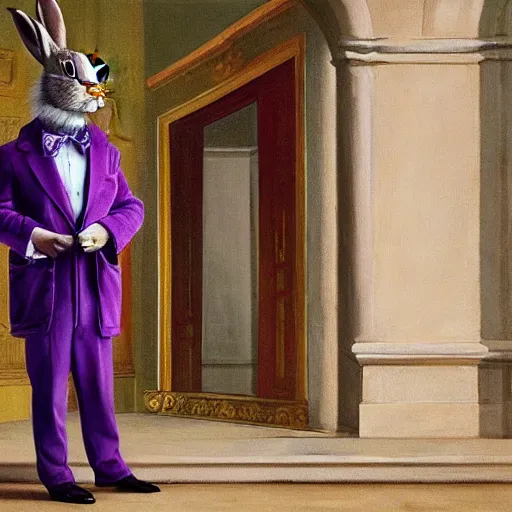 Image similar to a rabbit in a purple smoking jacket stands outside a palace, photorealism