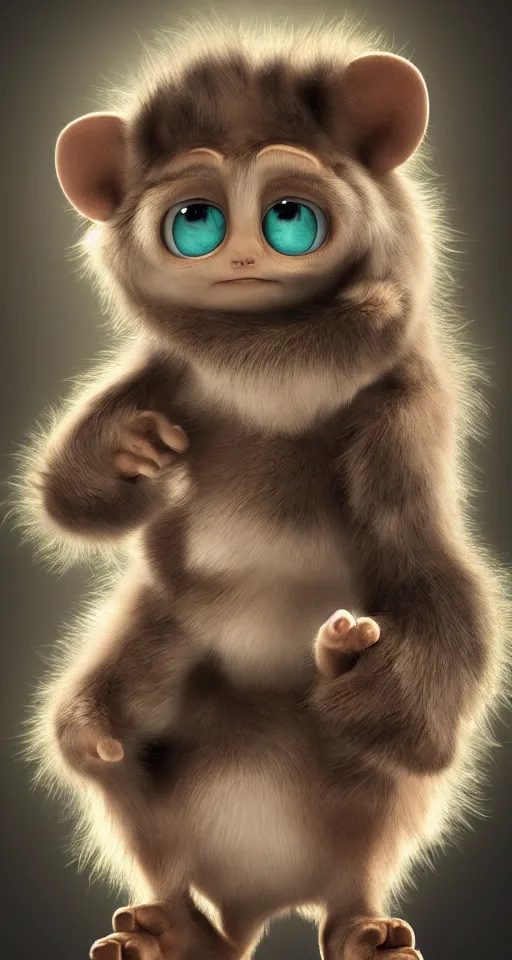 Image similar to a cute little baby monster with long fur, portrait, pixar style, extremely realistic photo, heaven background, cinematic lighting, award winning creature portrait photography