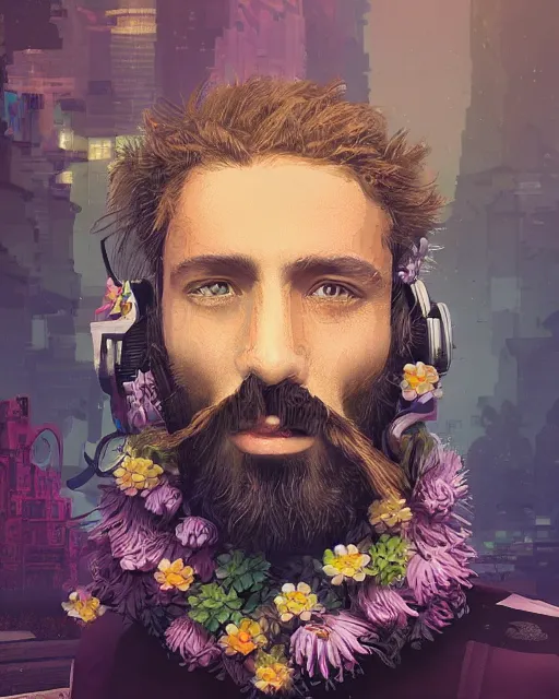 Prompt: a realistic ultradetailed digital painting of a man with flowers in his beard, profile, cyberpunk art by beeple, behance contest winner, retrofuturism, voxel art, # pixelart, dystopian art