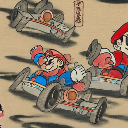 Prompt: ancient Japanese painting of mario kart characters racing, extremely detailed