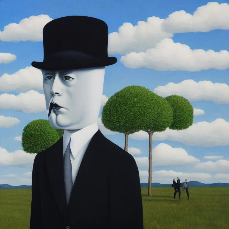 Image similar to portrait of a faceless reflective chrome - head man in a suit and black gloves, clouds and nature landscape in the background, by rene magritte, detailed painting, distance, centered, hd, hq, high resolution, high detail, 4 k, 8 k