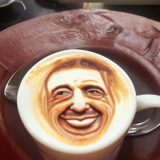 Prompt: al pacino's face made of coffee and milk foam in a cup of cappuccino, high detail