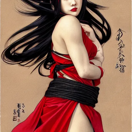 Prompt: muscular female fighting shrine maiden miko with long flowing black hair wearing a red hakama over a black leotard, intricate, highly detailed, digital painting, artstation, concept art, smooth, sharp focus, illustration, art by artgerm and greg rutkowski, alphonse mucha, toni infante, frank frazetta