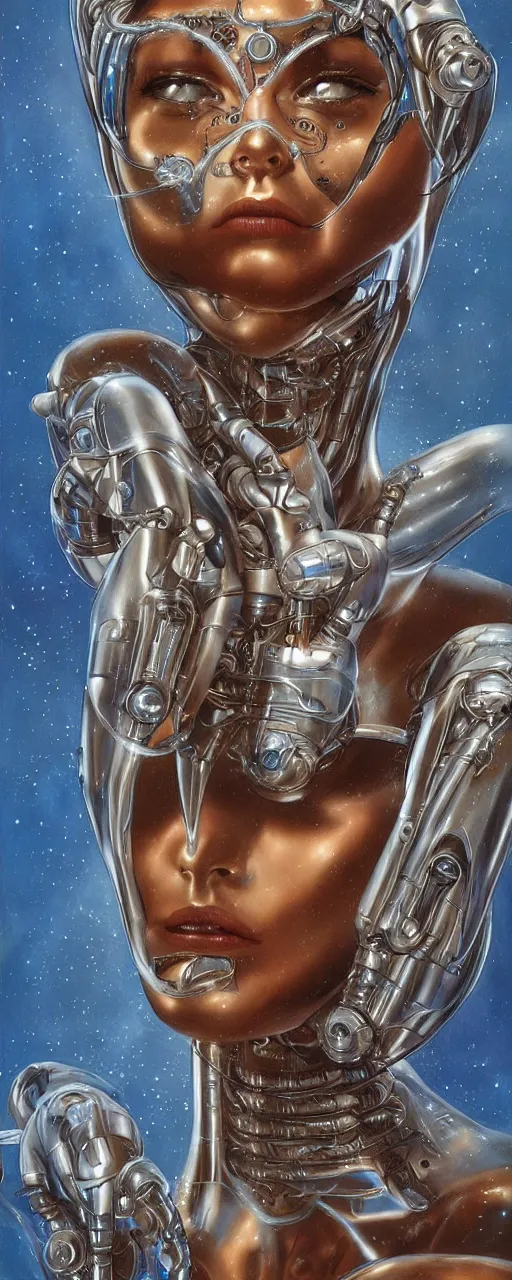 Prompt: a robotic goddess with transparent skin, highly detailed, futuristic, laser lit, digital painting, smooth, sharp, beautiful face, expressive eyes, highly intricate, art by Boris Vallejo and H.R. Giger