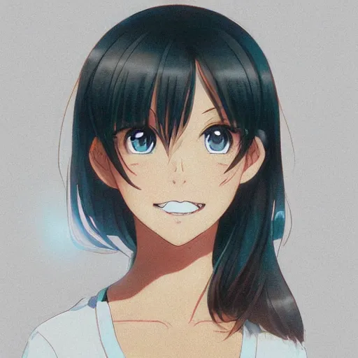 Prompt: A medium shot anime portrait of a happy brunette anime woman, a single short ponytail, parted light brown hair, bare forehead, blue-eyed, blue eyes, big bold thick eyebrows, thick jawline, big round nose, closed lips, wearing a t-shirt, solid blue background, by Stanley Artgerm Lau, WLOP, Rossdraws, James Jean, Andrei Riabovitchev, Marc Simonetti, and Sakimi chan, trending on artstation