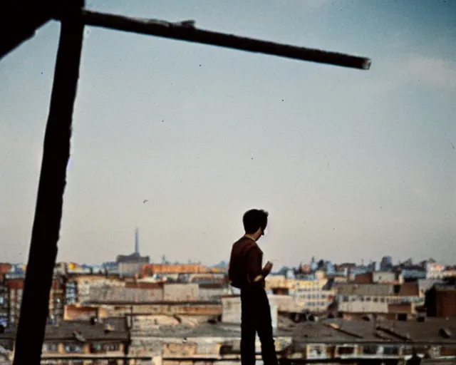 Image similar to lomo photo of man standing on the roof of soviet hrushevka, small town, cinestill, bokeh, out of focus