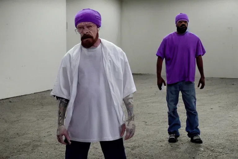 Image similar to medium full shot of walter white as a white gang member wearing a purple head covering made from a polyester material and a stained white tank top dealing crack in the prison yard in the new movie directed by ice cube, movie still frame, arms covered in gang tattoo, promotional image, critically condemned, top 1 5 worst movie ever imdb list, public condemned, relentlessly detailed