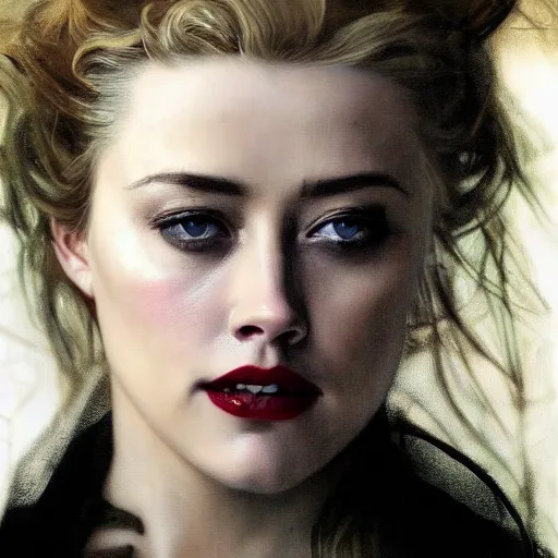 Image similar to hyperrealistic portrait of amber heard as a vampire witch in a black coat holding a human skull as a crystal ball. by jeremy mann and alphonse mucha, fantasy art, photo realistic, dynamic lighting, artstation, poster, volumetric lighting, very detailed faces, 4 k, award winning