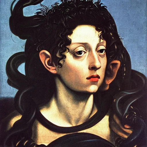 Image similar to Caravaggio-style portrait of Medusa