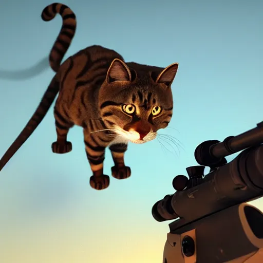 Prompt: an anthropomorphic cat using a sniper rifle to hunt a mouse. pixar. octane renderer.