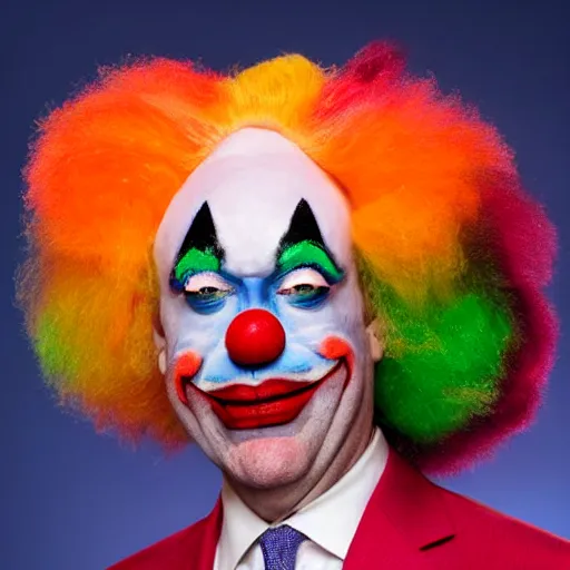 Image similar to Jerome Powell as a clown with clown wig and colorful clown makeup all over his face, award-winning, epic, cinematic