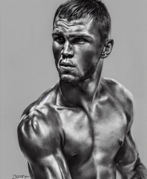 Image similar to portrait of a handsome young swedish boxer, art by denys tsiperko and bogdan rezunenko, hyperrealism