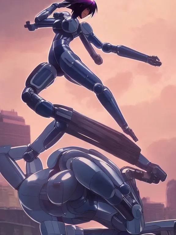 Image similar to a fullbody action still of motoko kusanagi riding on top of a tachikoma, the major ghost in the shell : : stand alone complex, under repairs, maintenance : : by ilya kuvshinov, rossdraws, artgerm, sola digital arts, anti aliasing, raytracing : :