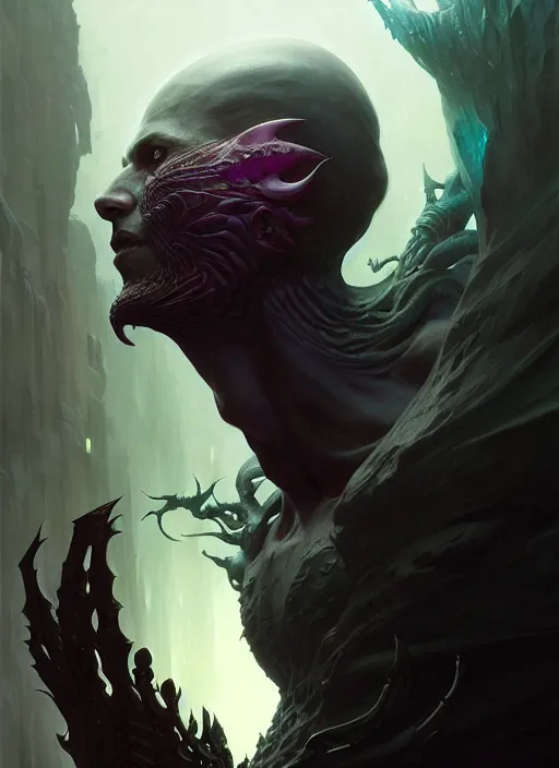 Image similar to fantasy shapeshifter revealing his true nature, dim light, front game card, marvel comics, dark, intricate, highly detailed, smooth, artstation, digital illustration by ruan jia and mandy jurgens and artgerm and wayne barlowe and greg rutkowski and zdislav beksinski