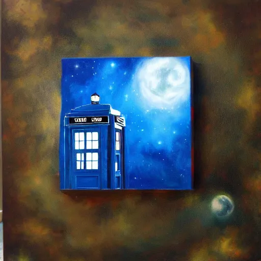 Image similar to oil painting of the tardis from dr who flying through space. beautiful. space.