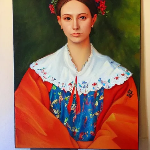 Image similar to hyperrealism oil painting, portrait of fashion model in traditional ukrainian vyshyvanka