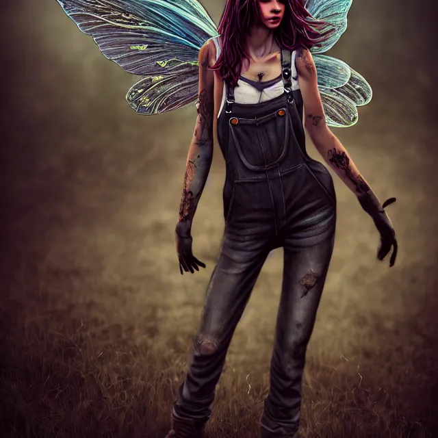 Prompt: full body pose, beautiful adult anarchy fairy, dirty, grungy, grunge, overalls, highly detailed, 4 k, hdr, smooth, sharp focus, high resolution, award - winning photo, artgerm, photorealistic