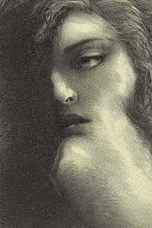 Image similar to extreme close-up hair covering a woman\'s face, forest background, Gustave Dore lithography