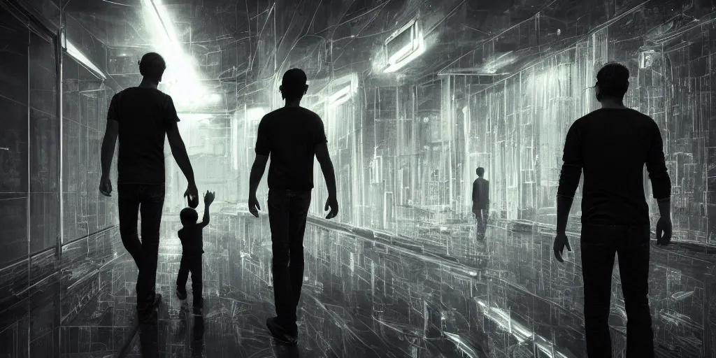 Image similar to realistic macro photograph of a father and son wearing occulus rift headsets walking through dark neon rooms, ultra realistic, by cedric peyravernay, intricate detail, digital painting, minimal art style, mirrors edge art style, volumetric lighting effect, artstation, 3 5 mm film grain