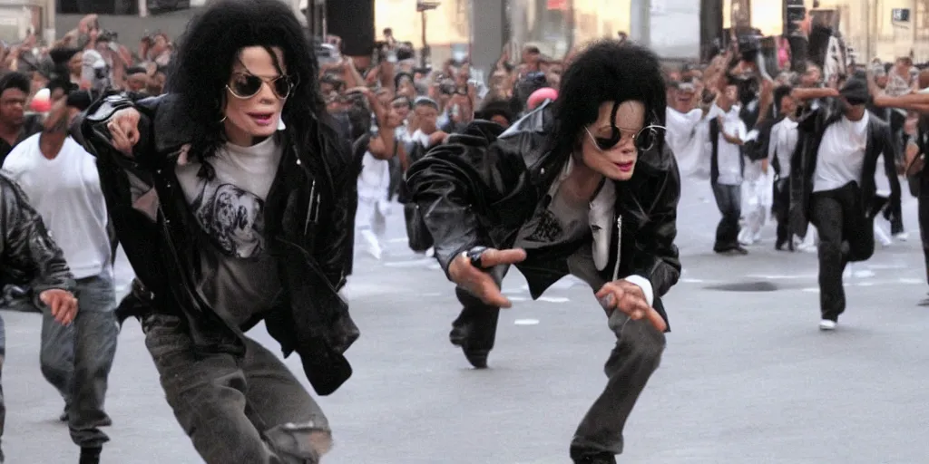 Prompt: michael jackson 2 0 0 9 wearing shades, this is it style, photo real, pores, motion blur, solo dancing with soldiers for music video, by himself, real life, spotted, ultra realistic face, accurate, 4 k, movie still, uhd, sharp, detailed, cinematic, render, modern