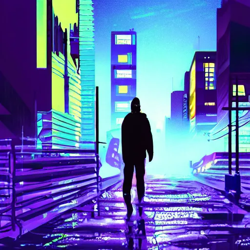 Prompt: walter white in a synthwave cyberpunk city at night, walking on a rainy street, concept art, digital