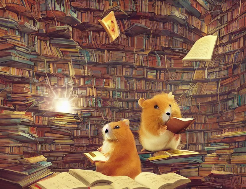 Prompt: student a little hamster reading a book in a cluttered library inside a futuristic spacecraft with views of the universe, kawaii, chris moore, trending on artstation