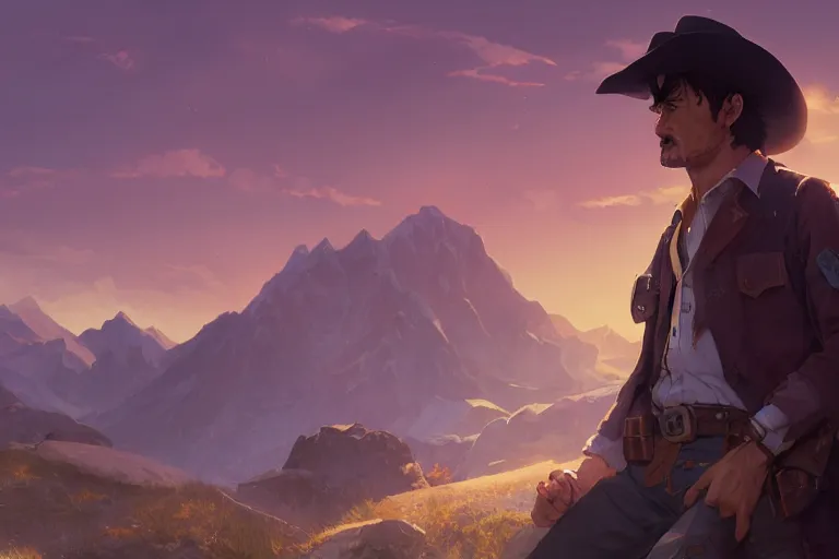 Image similar to old pedro pascal as a cowboy, single subject, mountaineous background, scenic full shot, ambient lighting, detailed face, by makoto shinkai, stanley artgerm lau, wlop, rossdraws