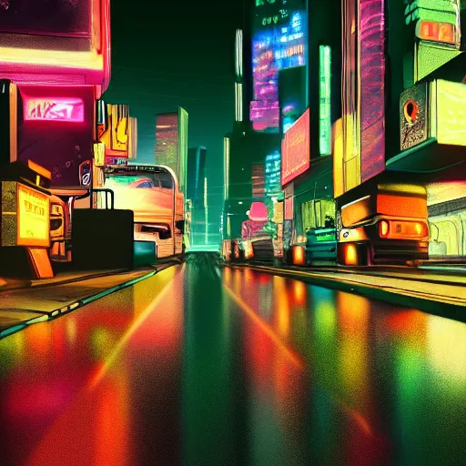 Prompt: sci-fi cyberpunk city street, billboards, neon holograms, neon signs, rainy night, dramatic lighting, cinematic, establishing shot, extremely high detail, photo realistic