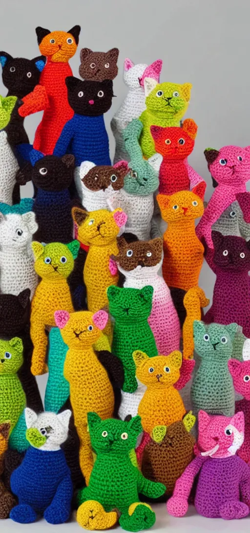 Image similar to multicolored crocheted cats, 2 0 2 0 s catalogue photo,