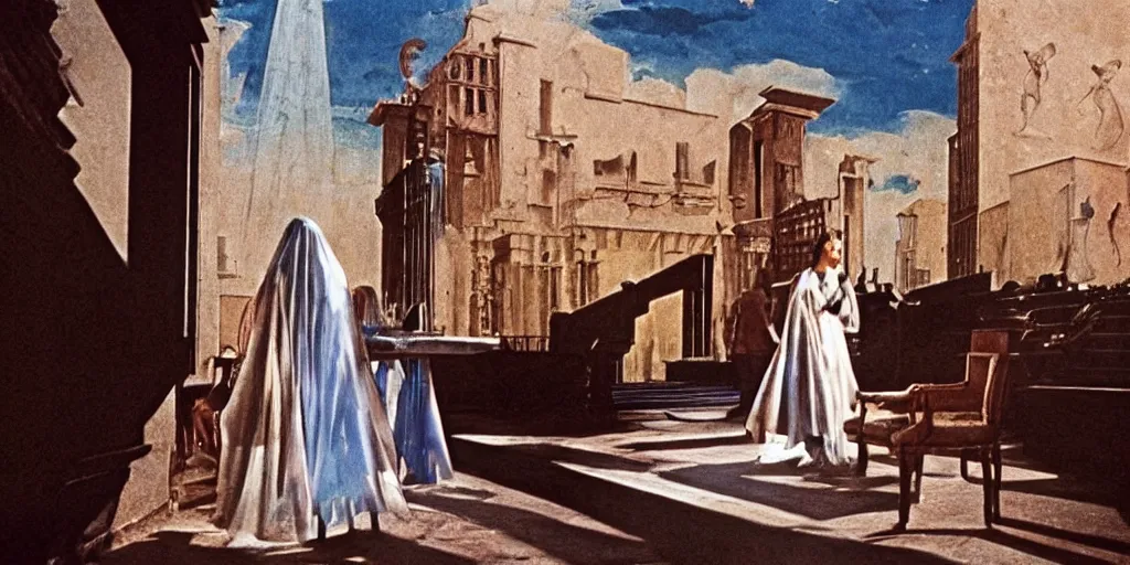 Prompt: a scene from the movie la felicita ( 1 9 7 1 ) by luchino visconti with mastroianni and claudia cardinale walking in a scifi cyberpunk futurist city reminiscent of the ( ( ( ideal city by piero della francesca. technicolor ) ) ), cinematic, 5 0 mm, highly detailed