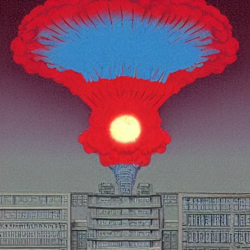 Prompt: red white and blue nuclear explosion over a city on the fourth of july in the style of m. c. escher, junji ito and beeple, patriotic, mushroom cloud