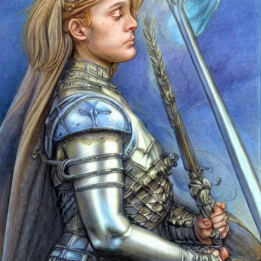 Image similar to most beautiful jeanne d'arc in the style of william blake, terese nielsen, detailed, intricate, beautiful faces, steve argyle, triumphant fate, pastoral fantastic reality