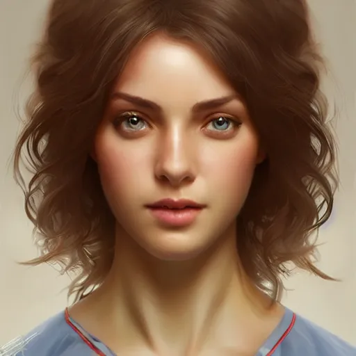 Image similar to an beautiful female nurse with short sleeves, perfectly-centered-Portrait of a most beautiful woman it the world, intricate, highly detailed, digital painting, artstation, concept art, smooth, sharp focus, illustration, Unreal Engine 5, 8K, art by artgerm and greg rutkowski and alphonse mucha