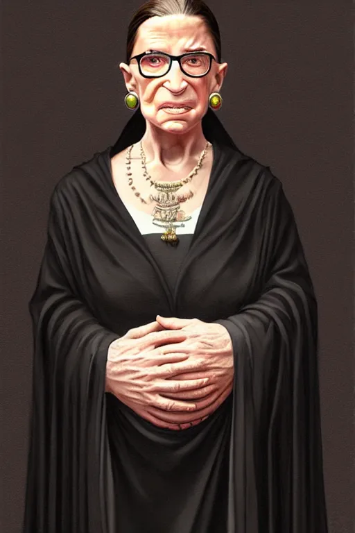 Image similar to pregnant ruth bader ginsburg in a thin black robe, realistic portrait, symmetrical, highly detailed, digital painting, artstation, concept art, smooth, sharp focus, illustration, cinematic lighting, art by artgerm and greg rutkowski and alphonse mucha