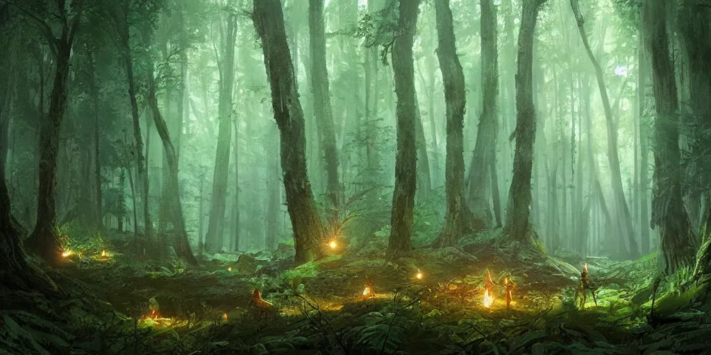 Image similar to green fire flies in an ancient forest, greg rutkowski, 8 k, shallow depth of field, ultra high detail, concept art,