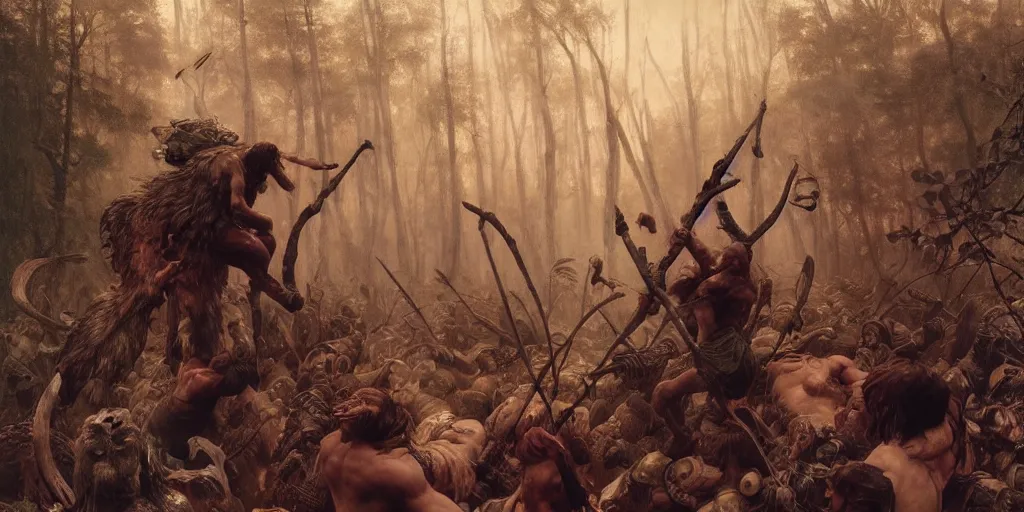 Prompt: barbarian norse god pushes an attacking racen from his face, dense forest, dusk, sunset, campfire, horizontal symmetry inception good composition artstation illustration sharp focus, vista painted by ruan jia raymond swanland lawrence alma tadema zdzislaw beksinski norman rockwell tom lovell alex malveda greg staples
