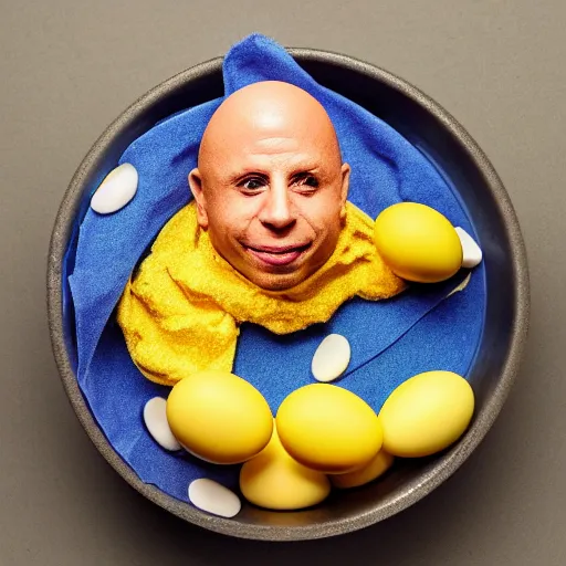 Image similar to verne troyer hatching from egg, medical lab, medical miracle, luminous yolk, messy egg dripping, cracked eggshell, he's holding handfuls of scrambled egg, easter surprise, golden lighting, textured shell