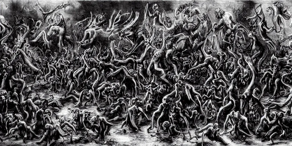 Prompt: demonish scene with many small demons and one bigger in the middle, red color, candles, bodies, gore, black and white, monochromatic